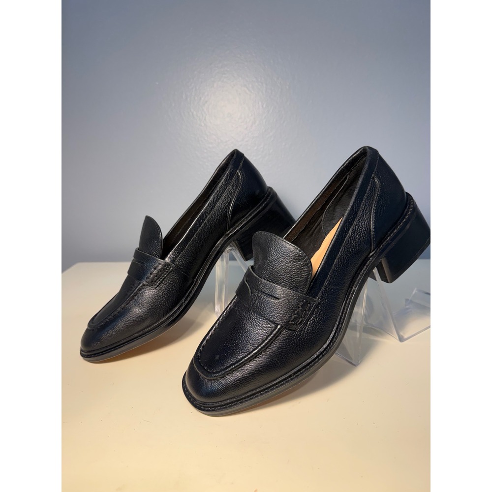 Vince Camuto Black Pebbled Leather Block Heel Penny Loafers Square Toe 6M